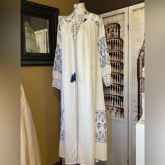 Mykonos 5 Star ⭐️ Favorite Boho Embroidered Long Maxi Gown In Cotton + Linen - Picture 4 of 15